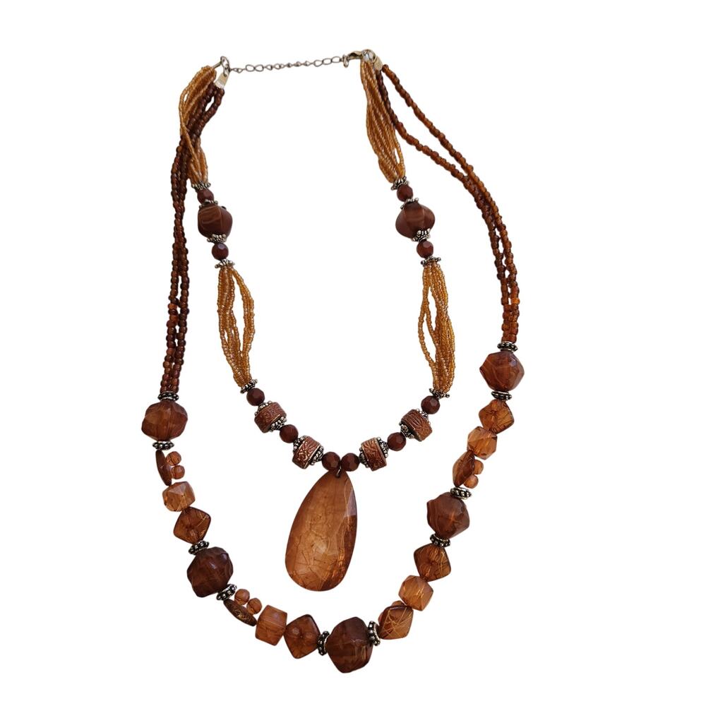 Boho Multi Strand Necklace Amber Brown Acrylic Beads Statement Layered